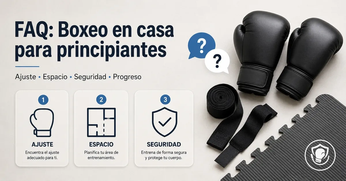 Imágenes tipo FAQ sobre ajuste, planificación de espacio y seguridad del equipo de boxeo en casa para principiantes
