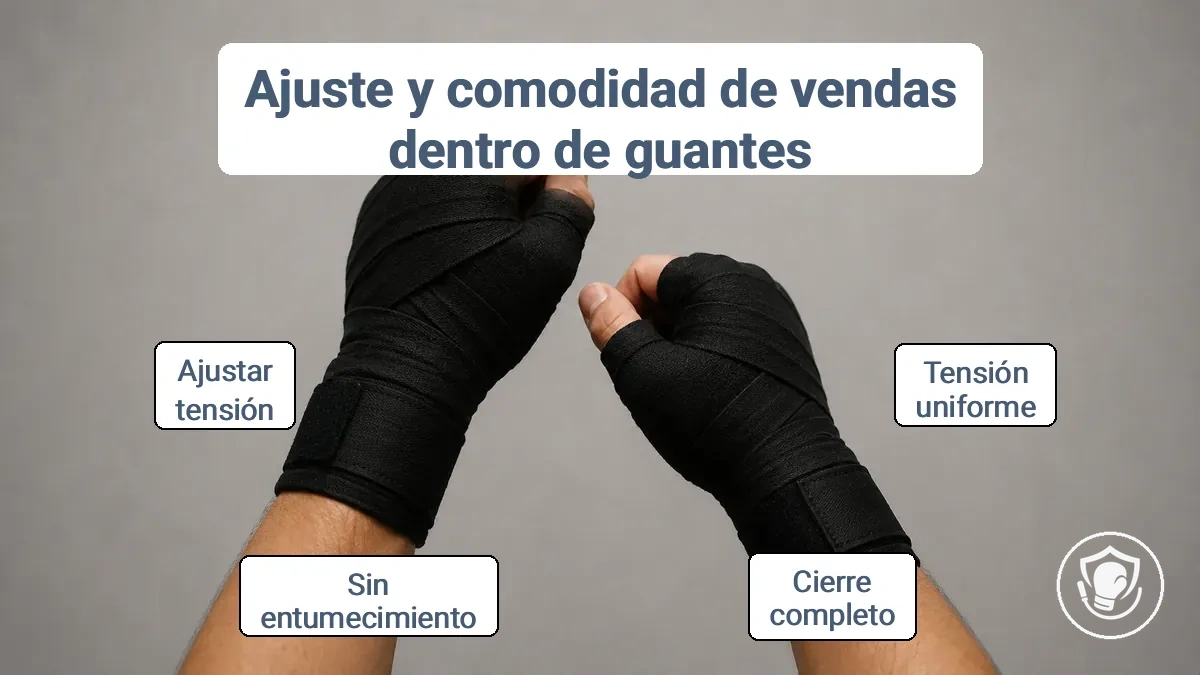 Manos correctamente vendadas que muestran tensión uniforme antes de ponerse los guantes de boxeo