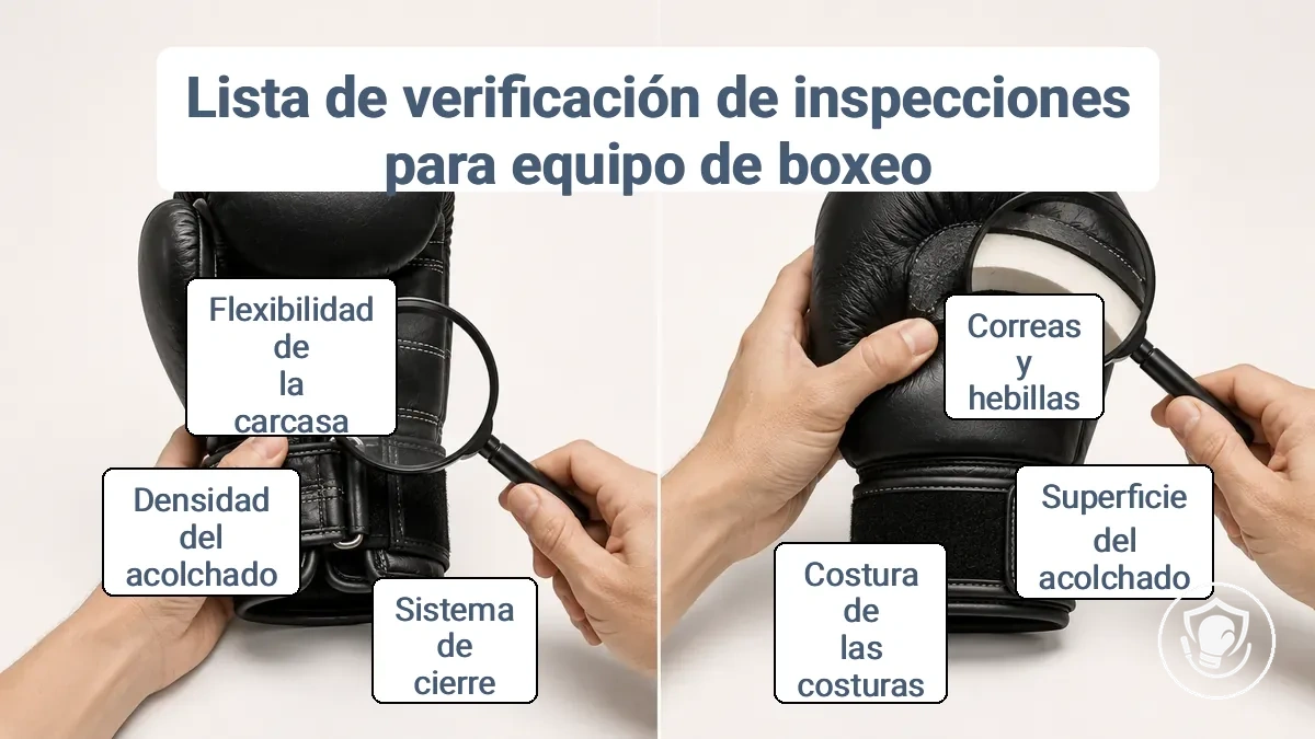 Comparación de las revisiones rápidas pre-sesión y las revisiones periódicas más detalladas de los cierres, costuras, acolchado y puntos de anclaje del equipo de boxeo