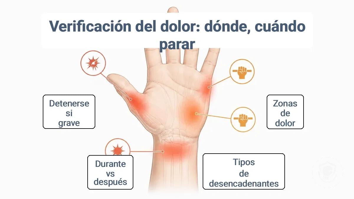 Diagrama de mano y muñeca anotado que muestra zonas de dolor y tipos de desencadenantes habituales