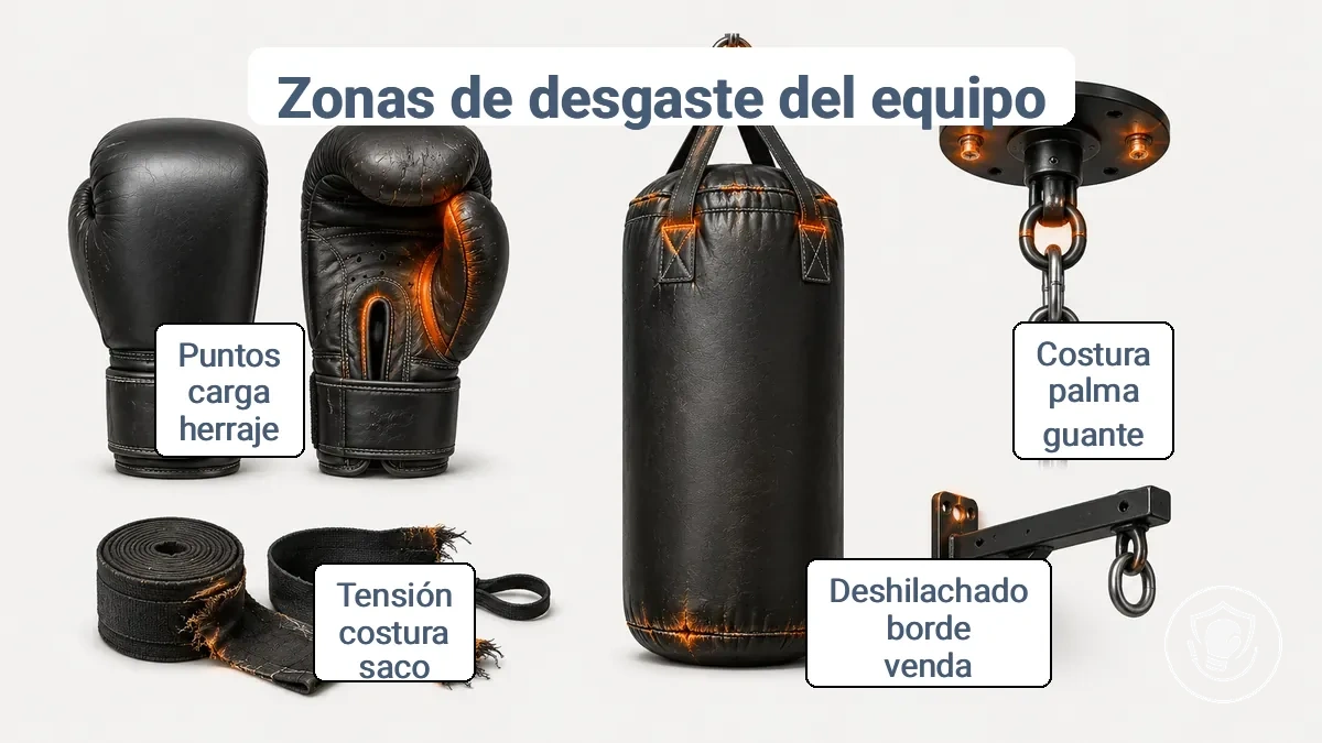 Diagrama etiquetado de zonas de desgaste comunes en guantes de boxeo para principiantes, vendas, saco pesado y herrajes de montaje