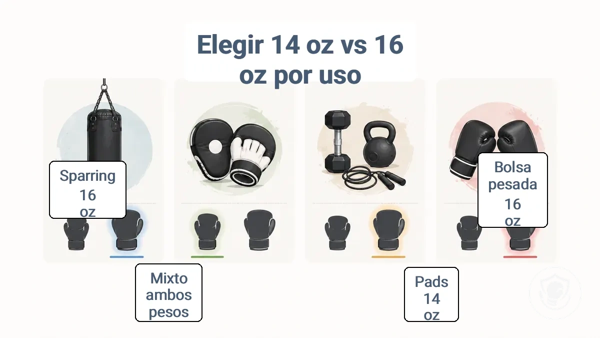 Matriz de decisión que muestra cómo el saco pesado, las manoplas, las sesiones mixtas y el sparring se asocian con las tendencias de guantes de 14 oz y 16 oz