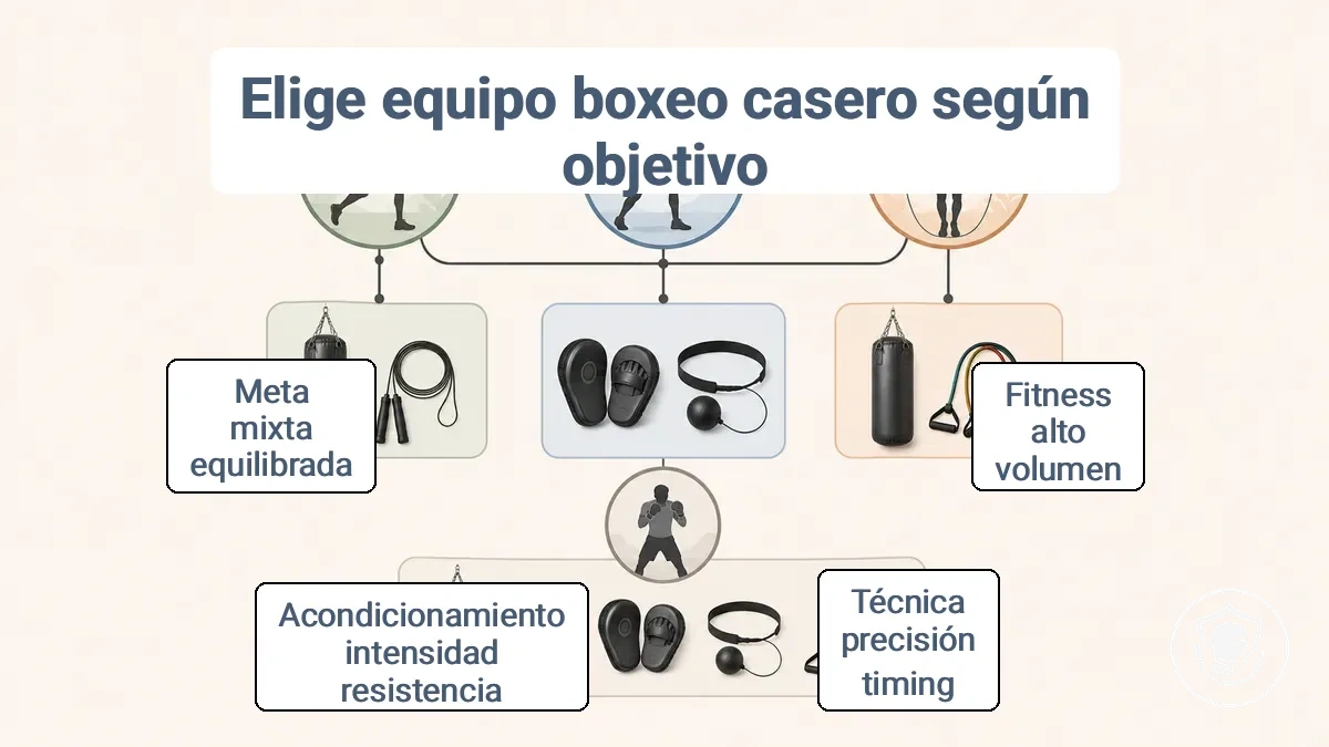 Diagrama de decisión de equipo según objetivo para boxeo en casa: condición física, técnica y acondicionamiento relacionados con categorías de equipo