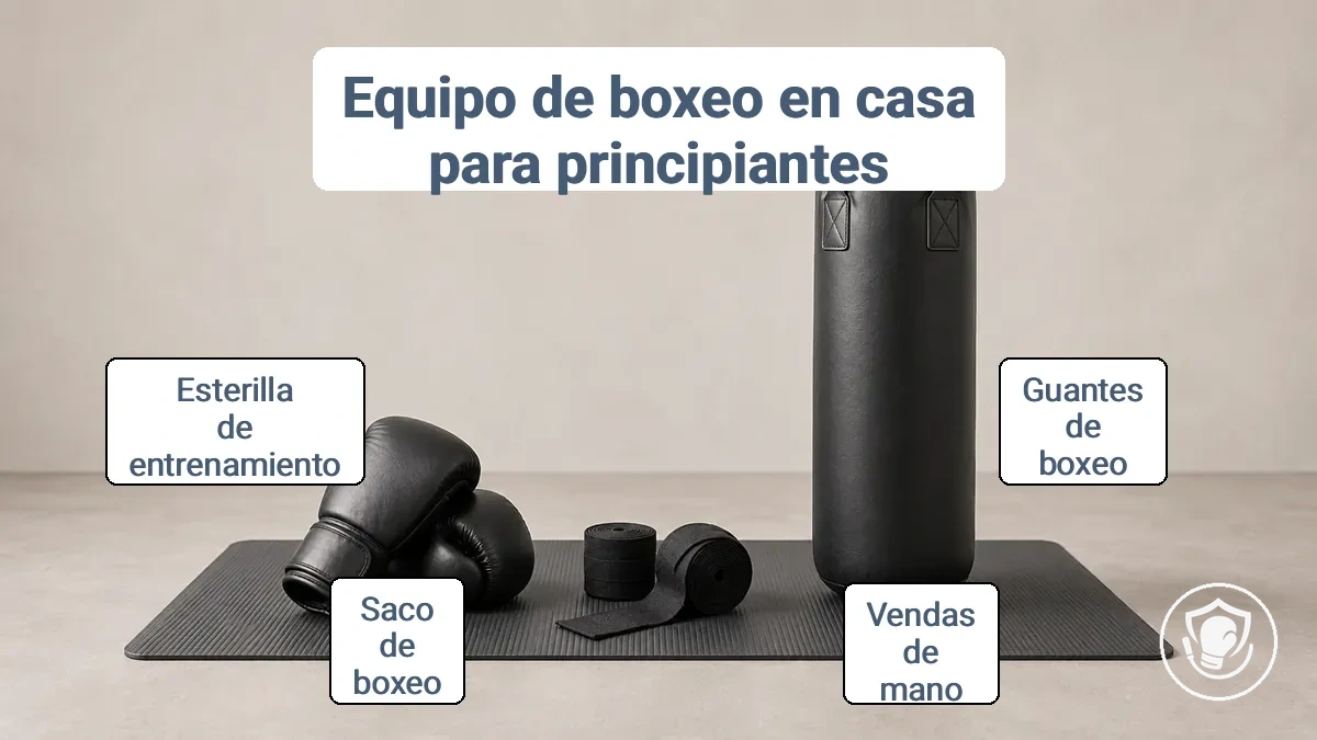 Guantes de boxeo, vendas y un saco de entrenamiento sobre una esterilla - equipo básico de boxeo para principiantes en casa