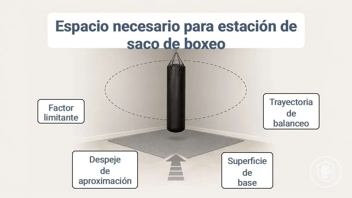 Diagrama que muestra las medidas para el espacio de un puesto de saco pesado, incluyendo la huella, el radio de balanceo y el espacio de aproximación