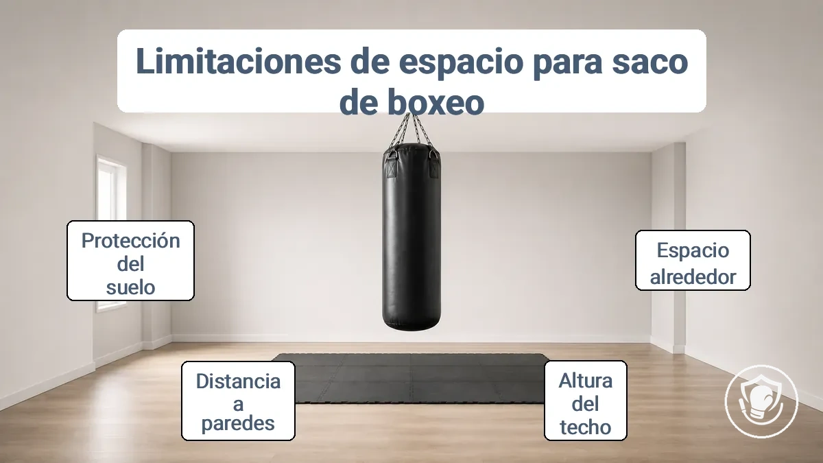 Diagrama que muestra las zonas de distancia libre necesarias alrededor de un saco de boxeo para un entrenamiento seguro