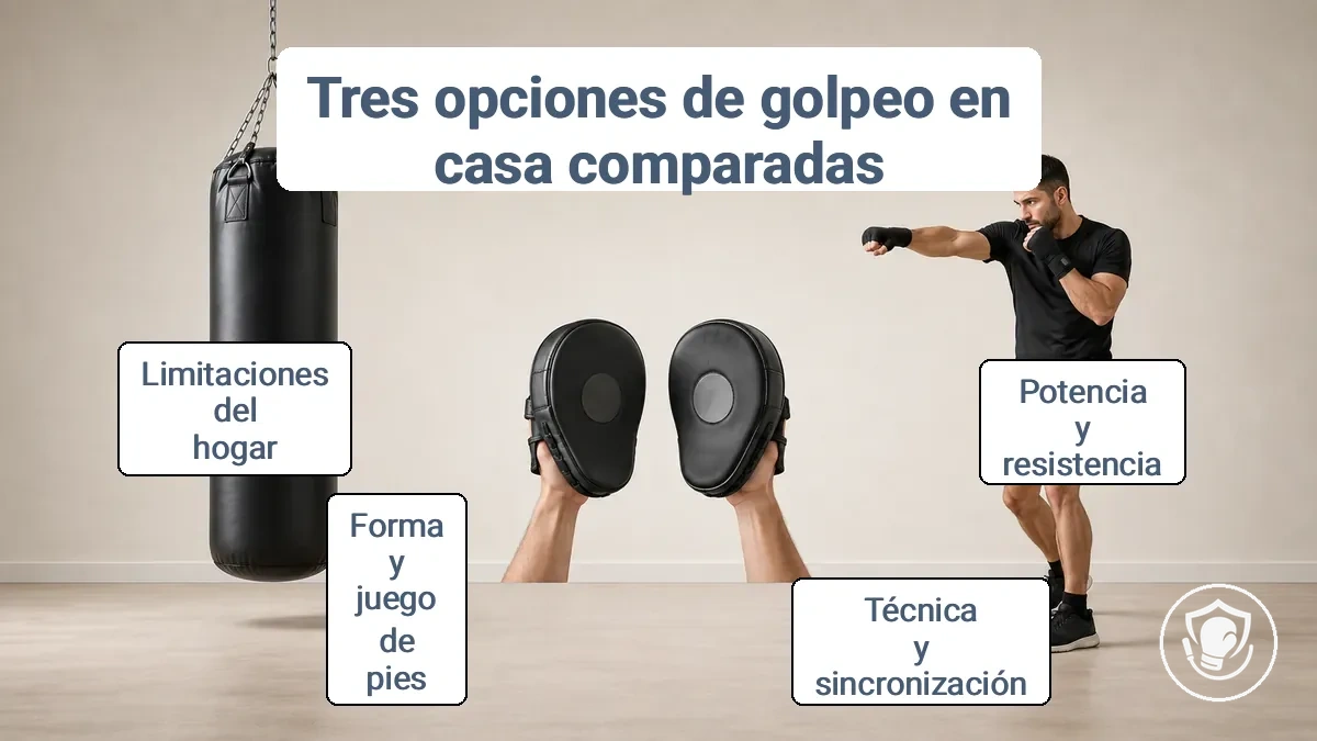 Comparación de opciones de práctica de golpeo en casa: saco pesado, manoplas y sombra