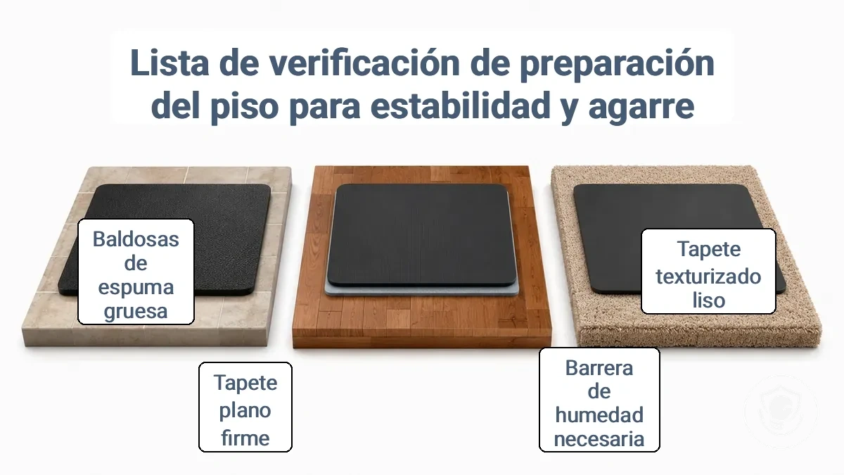 Comparación de superficies de baldosa, madera y moqueta con una esterilla de gimnasio superpuesta que resalta las diferencias de agarre y protección