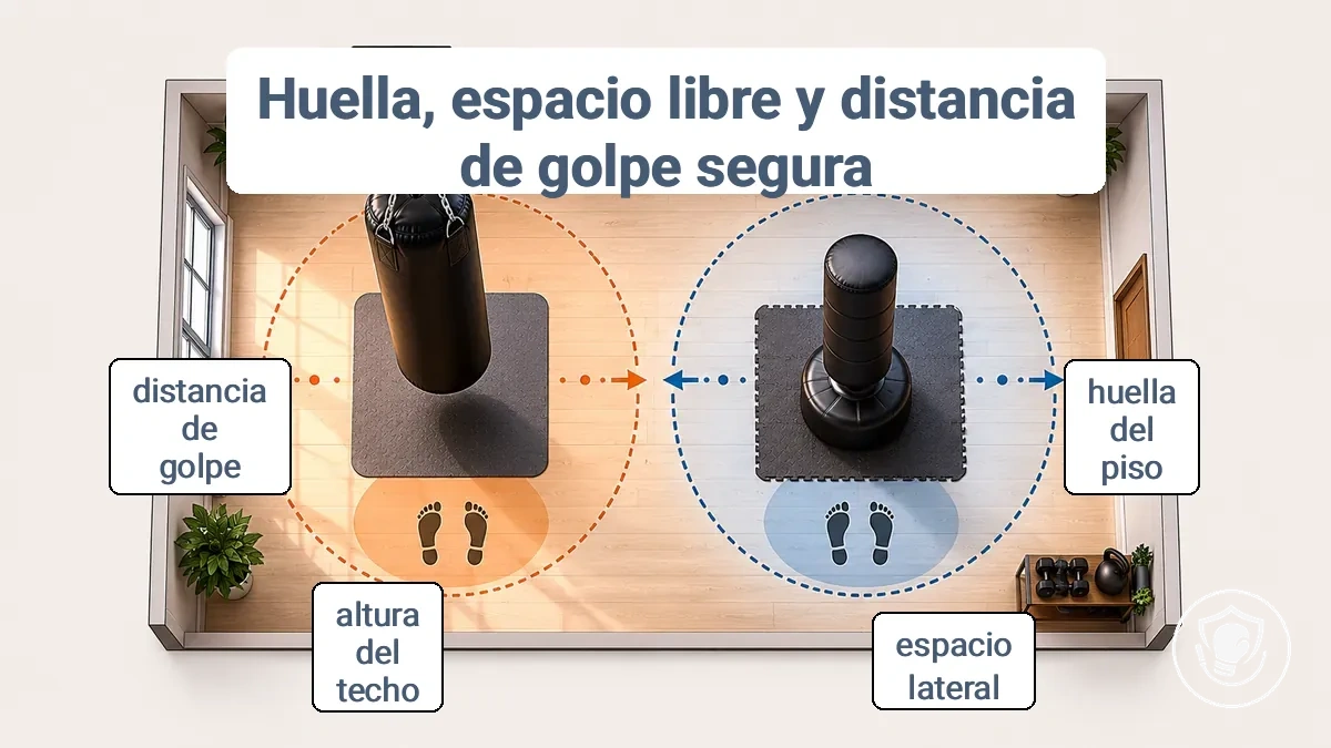 Plano de habitación anotado que muestra las zonas de huella y espacio libre para un saco colgado frente a uno de pie y la distancia de golpeo segura.
