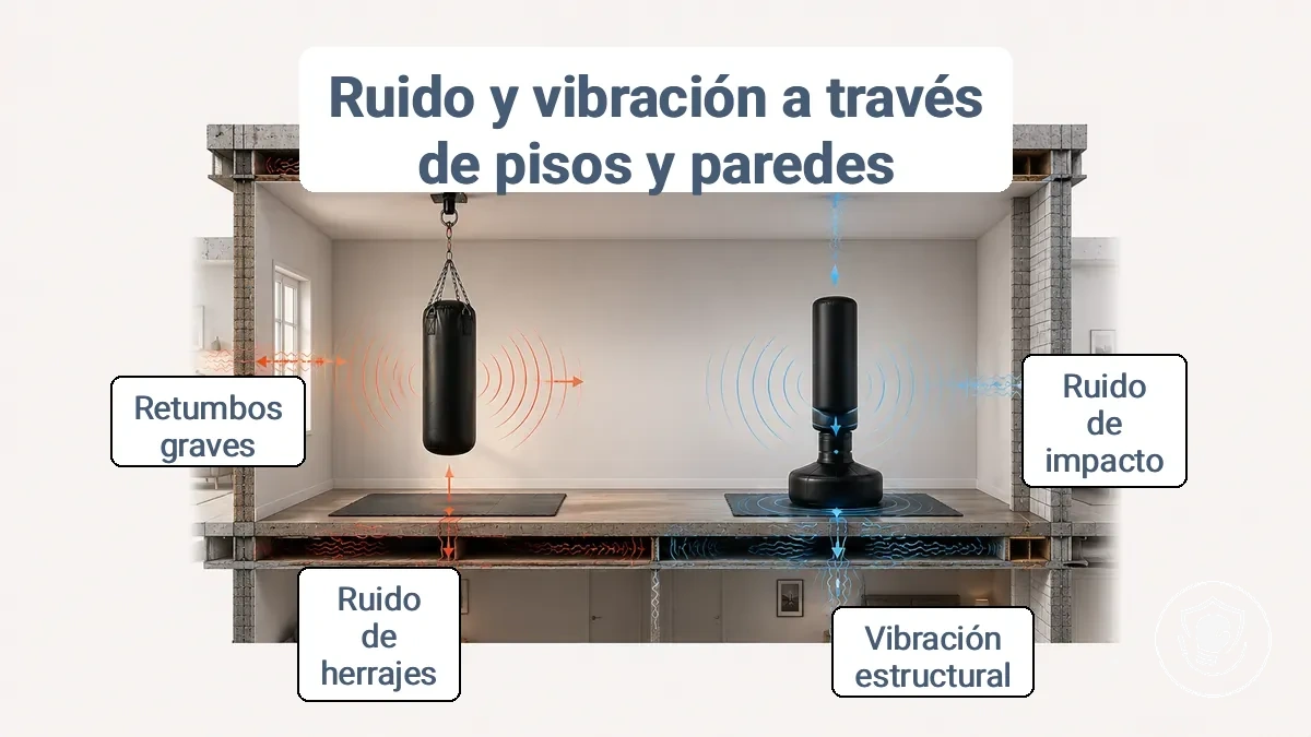Diagrama que muestra las rutas de transmisión de ruido y vibración para sacos colgados y de pie en un apartamento.
