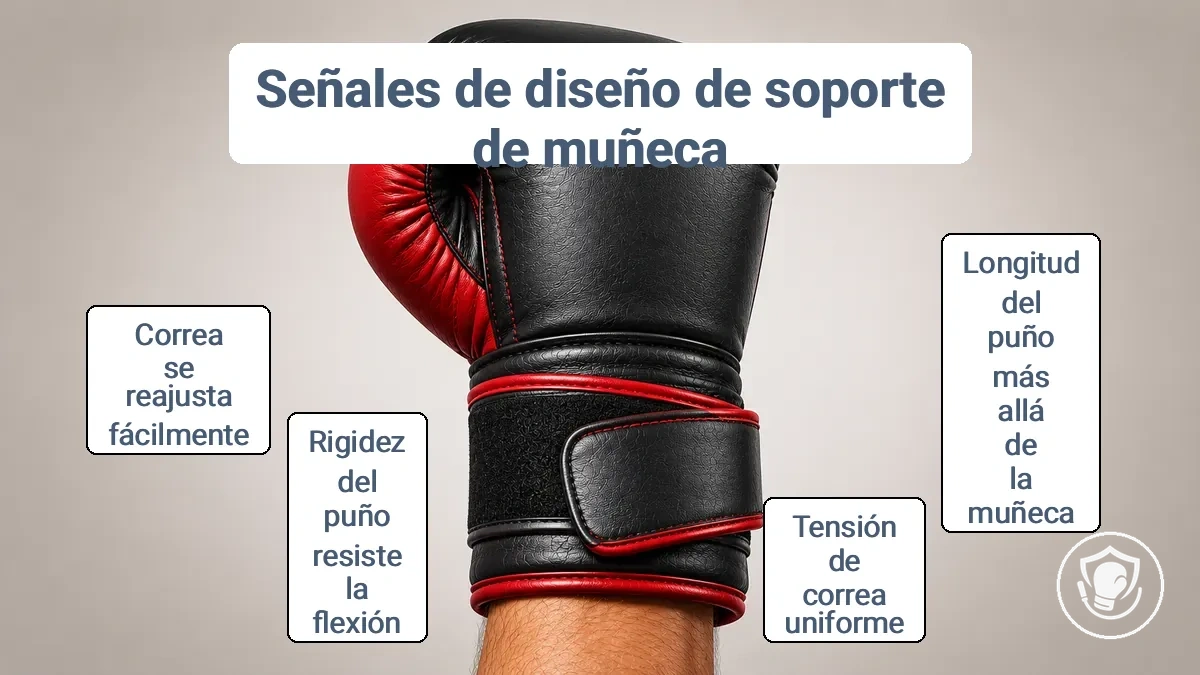 Puño y correa de guante de boxeo anotados que muestran señales de diseño de soporte de muñeca para principiantes.