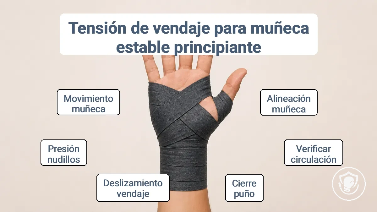 Diagrama de las zonas correctas de cobertura de las vendas en la muñeca y los nudillos con indicaciones para condiciones demasiado apretadas y demasiado sueltas