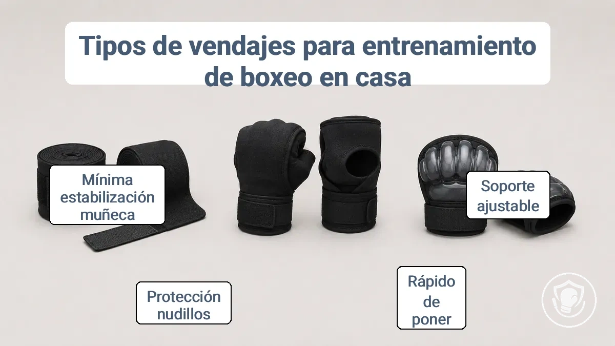 Etiquetas de tres categorías de vendas: venda larga tradicional, venda rápida o guante interior y almohadilla de gel para nudillos