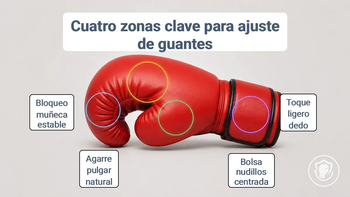 Zonas de verificación de ajuste anotadas en un guante de boxeo: dedos, nudillos, posición del pulgar y bloqueo de muñeca.