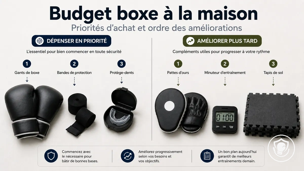 Plan de budget pour débuter la boxe à la maison, avec priorités d’achat et améliorations