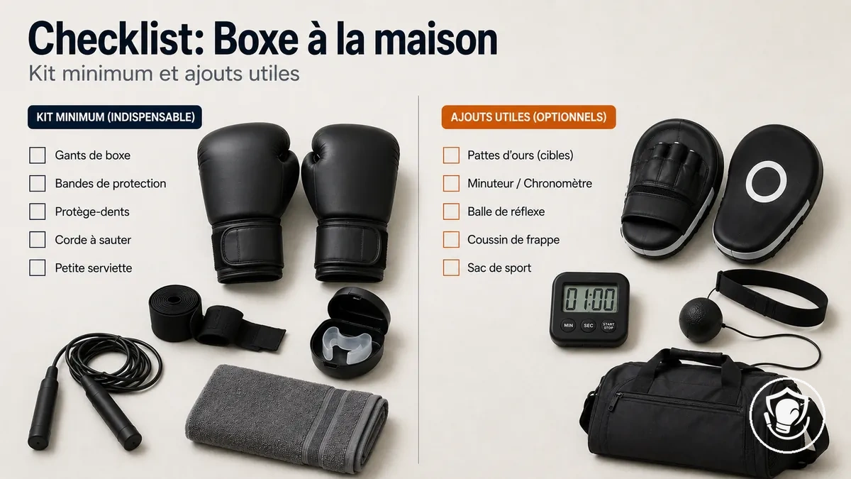 Checklist des essentiels de boxe à la maison pour débutants, avec options utiles