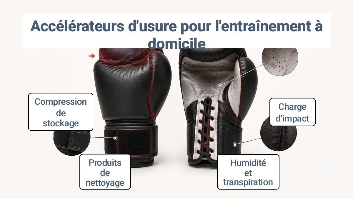 Schéma montrant les points de pression des accélérateurs d'usure sur les gants de boxe : zones de doublure exposées à la transpiration, fixations de fermeture, coutures à forte friction et zones d'écrasement au stockage