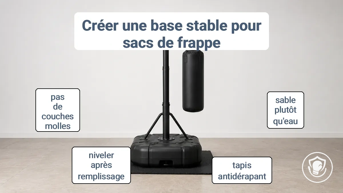 Base de sac de frappe autoportant sur sol carrelé avec un tapis antidérapant en caoutchouc en dessous pour la stabilité