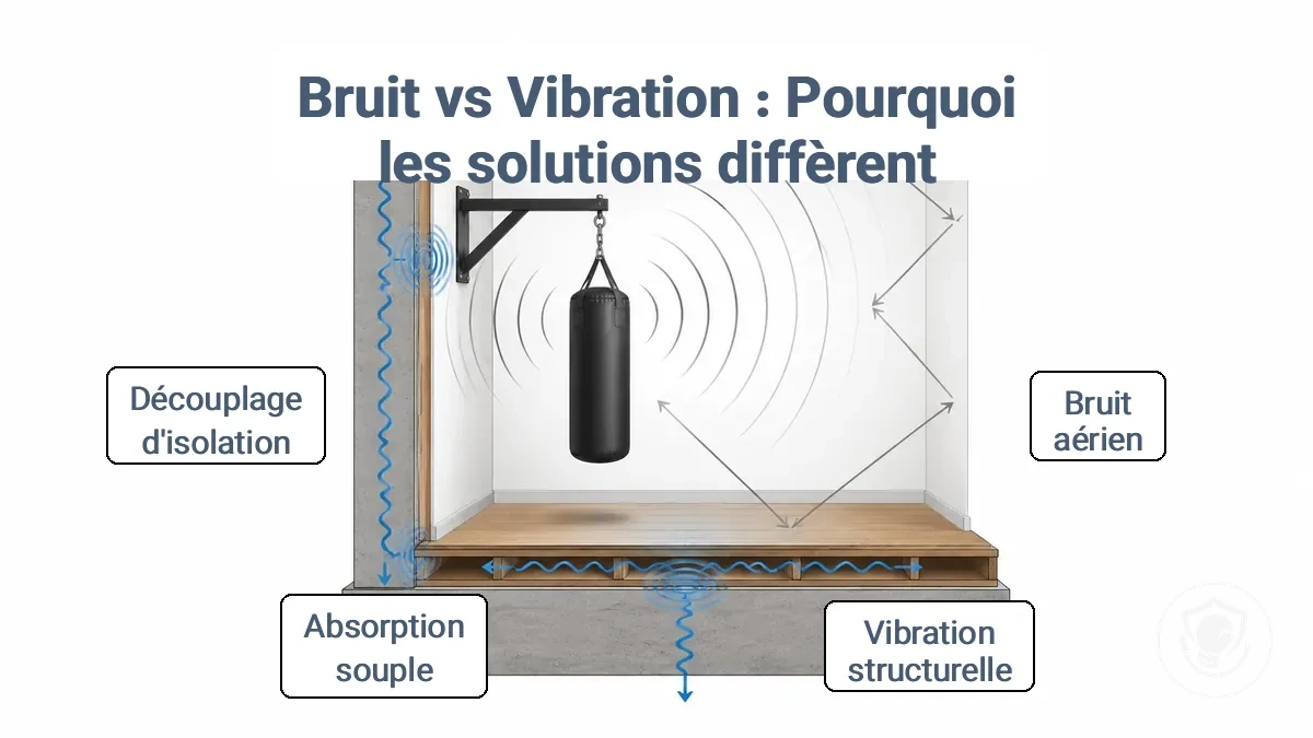 Diagramme comparant la transmission du bruit aérien (écho/cliquetis) et la transmission des vibrations solidiennes (grondement/secousse) dans un équipement de sac de frappe à domicile, montrant le mur, le sol et le point de montage.