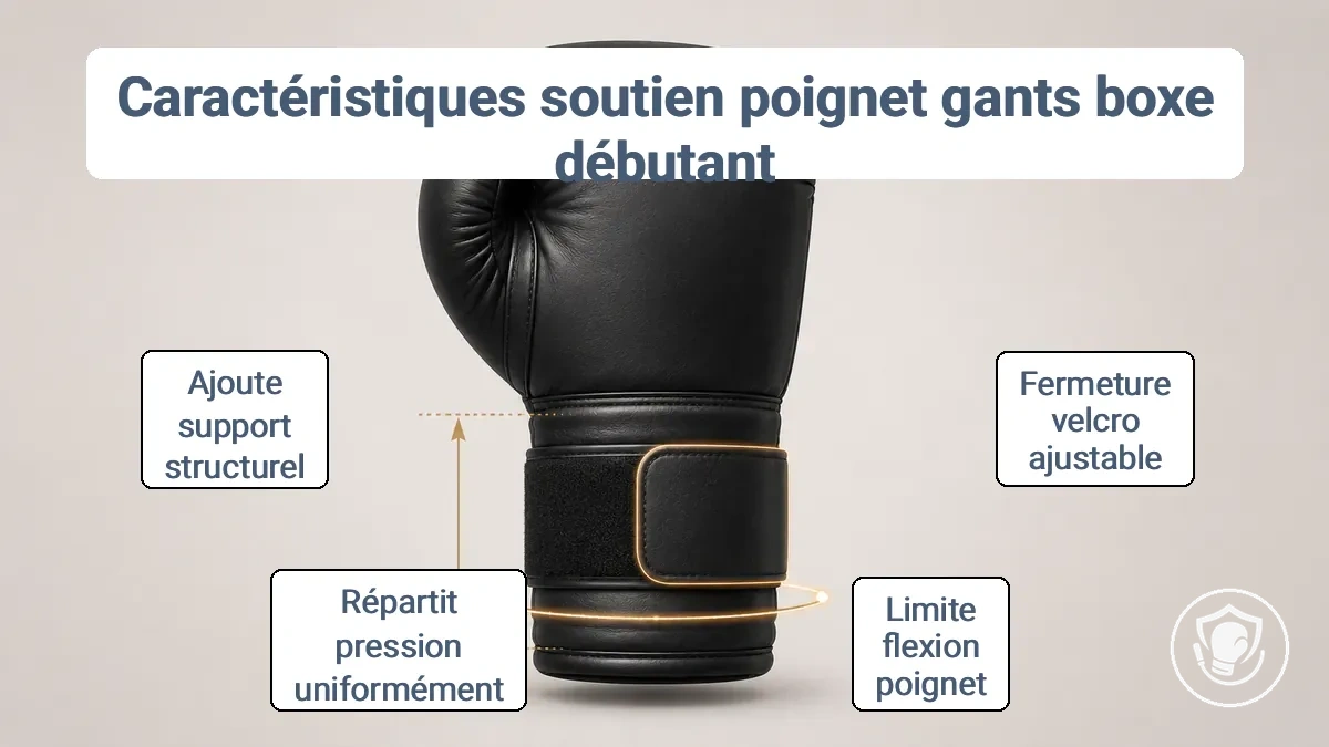 Diagramme d'un gant de boxe montrant la sangle auto-agrippante, la hauteur de la manchette et la ligne du poignet pour la stabilité