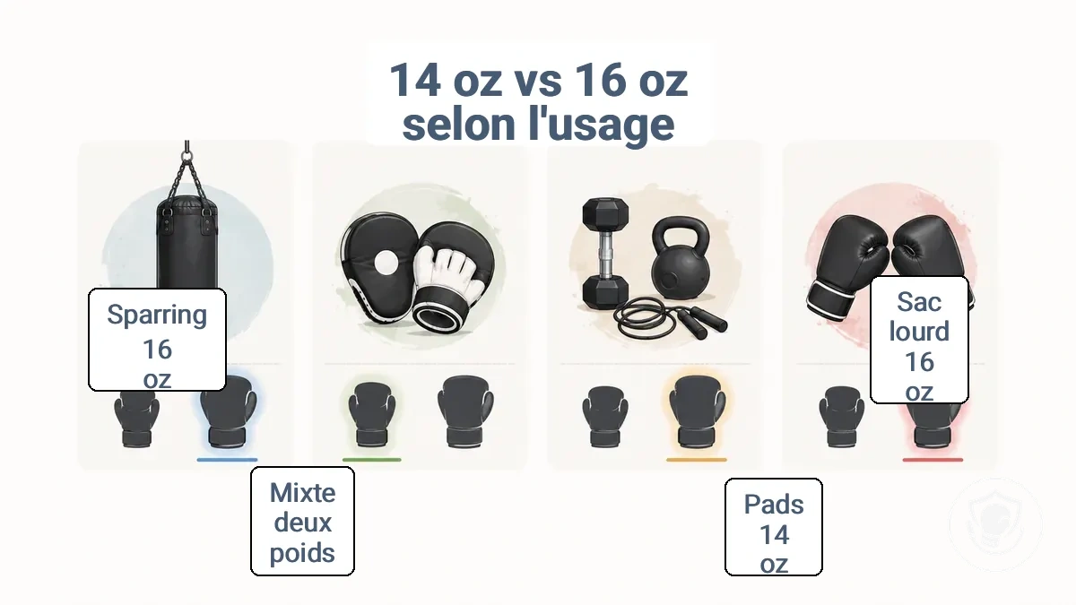 Matrice de décision montrant comment le sac lourd, les paos, les séances mixtes et le sparring correspondent aux tendances des gants 14 oz et 16 oz