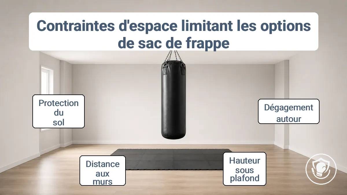 Schéma montrant les zones de dégagement nécessaires autour d'un sac de frappe pour un entraînement sécurisé