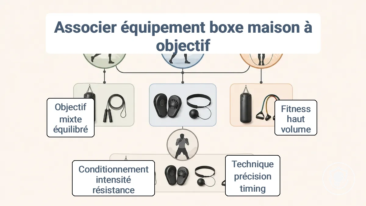 Diagramme de décision d équipement par objectif pour la boxe à la maison débutant : fitness, technique, conditionnement associés aux catégories d équipement