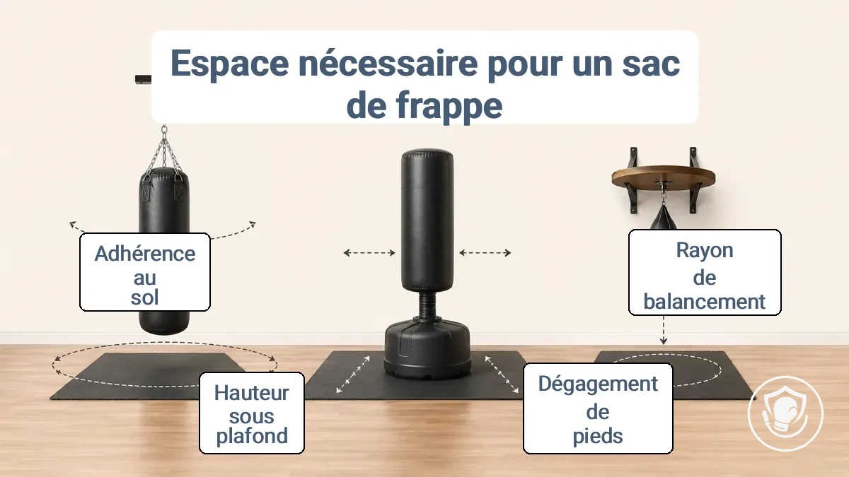 Diagramme montrant les besoins en dégagement pour différents types de sacs de frappe à la maison