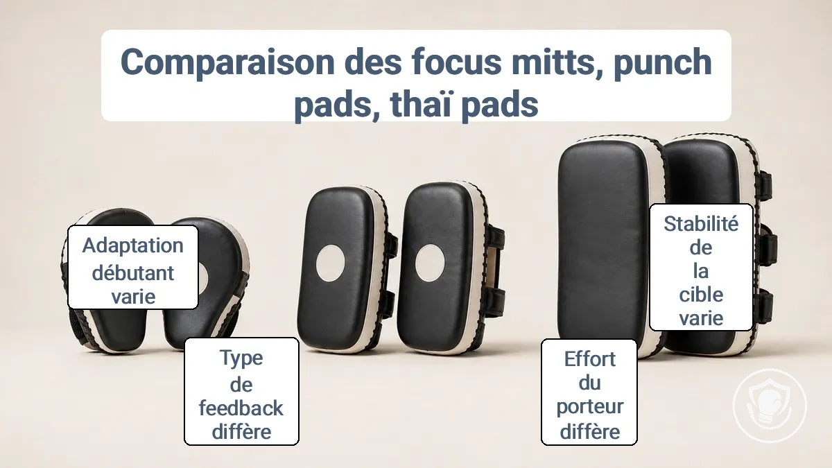 Comparaison des focus mitts, gants de frappe et pattes thaï pour l'entraînement de boxe à domicile, mettant en évidence les différences de taille et de rembourrage.