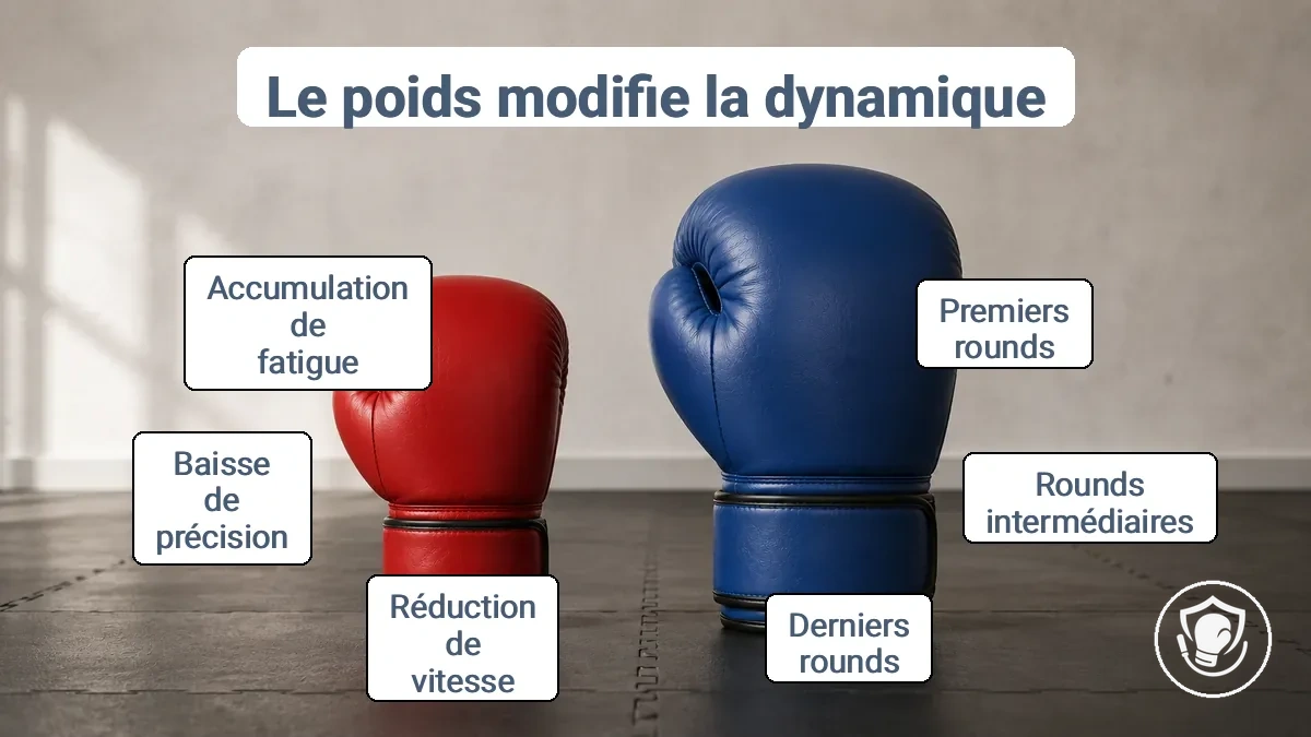 Gants de boxe de différents poids sur un sol de salle de sport, illustrant comment le poids supplémentaire affecte la vitesse et la fatigue au fil des rounds