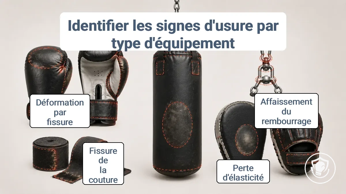 Types d'équipement de boxe avec zones d'usure indiquées sur les gants, bandages, sac de frappe, matériel de suspension et cibles
