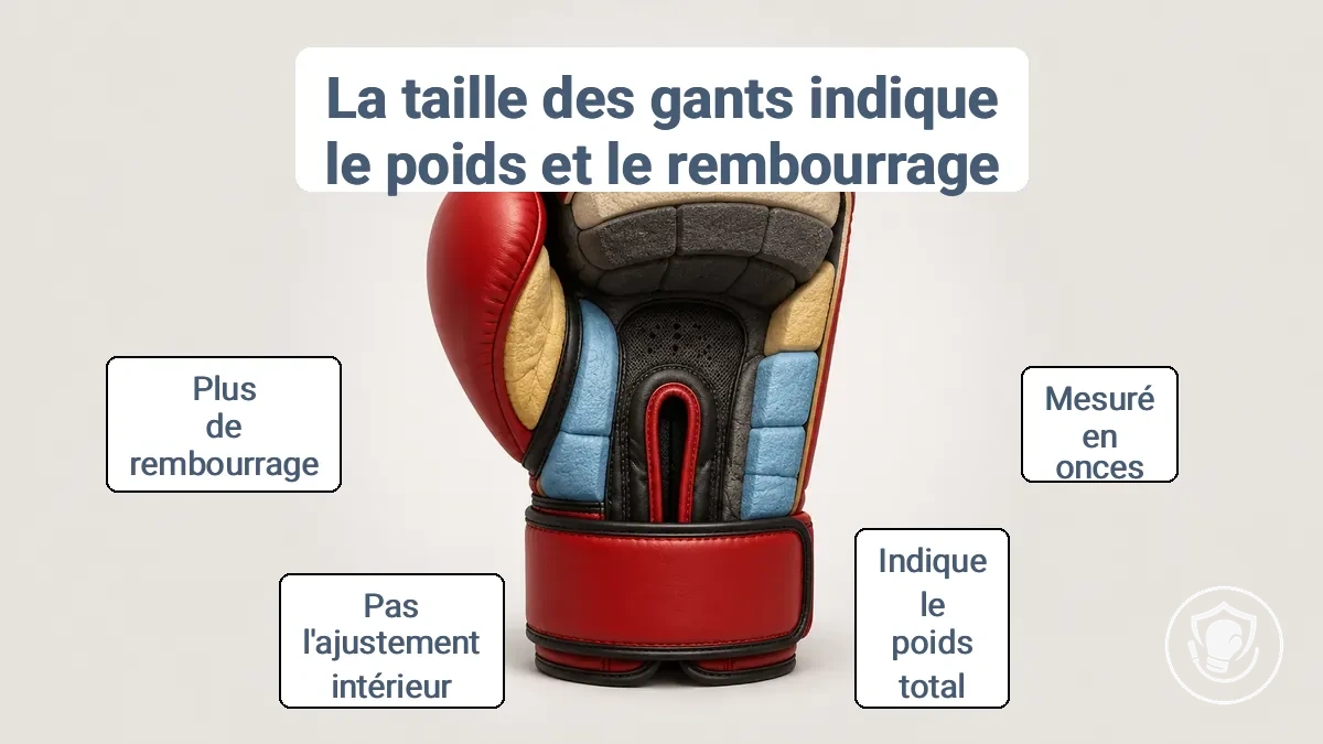 Gant de boxe montrant la mesure du poids en onces et la répartition interne du rembourrage