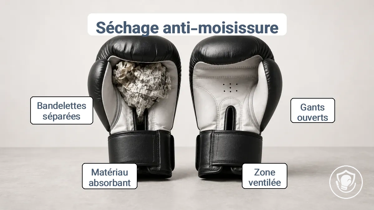 Diagramme montrant des gants de boxe positionnés ouverts pour la circulation d'air afin de sécher l'intérieur après l'entraînement.