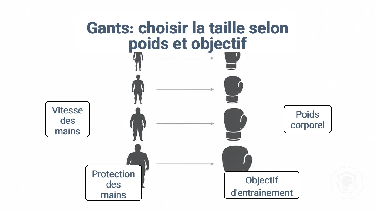 Tableau des tailles de gants de boxe pour débutants montrant les fourchettes d'onces de départ par tranche de poids et objectif d'entraînement.