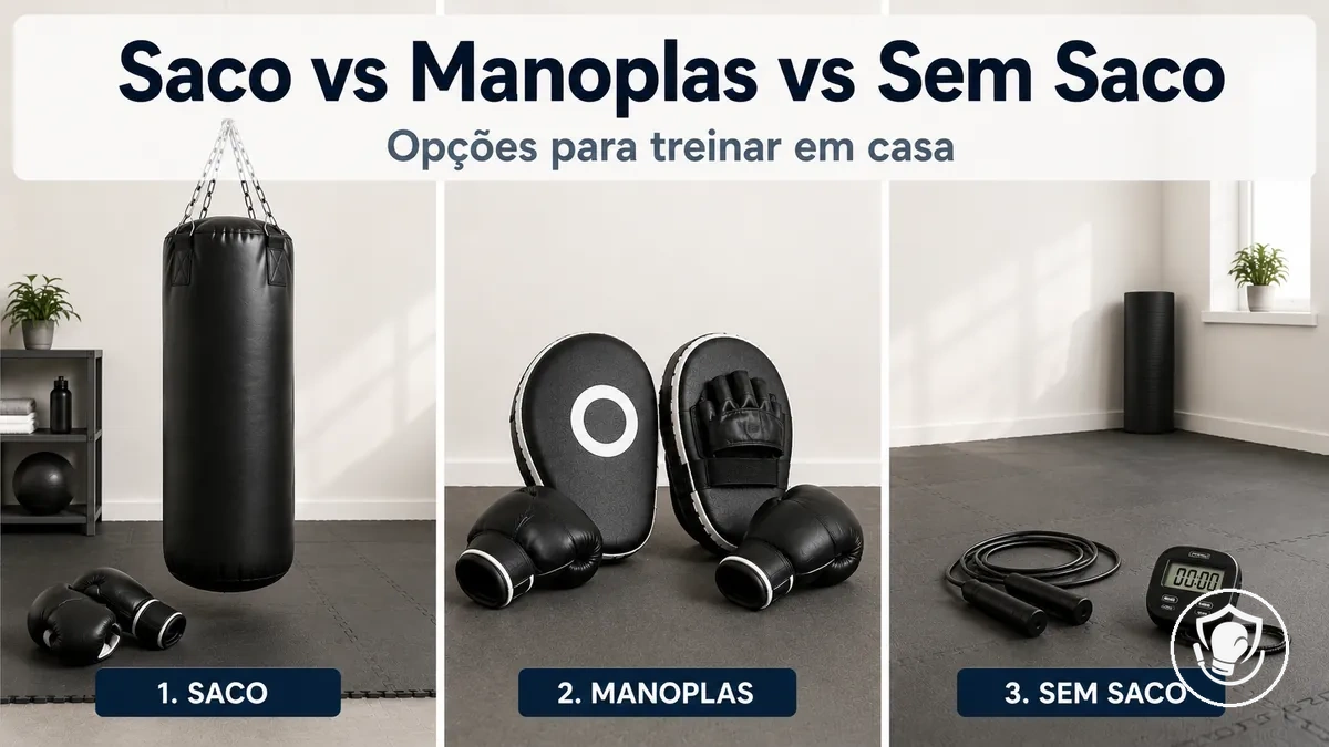 Opções de montagem em casa comparando treino no saco pesado e trabalho com manoplas para iniciantes