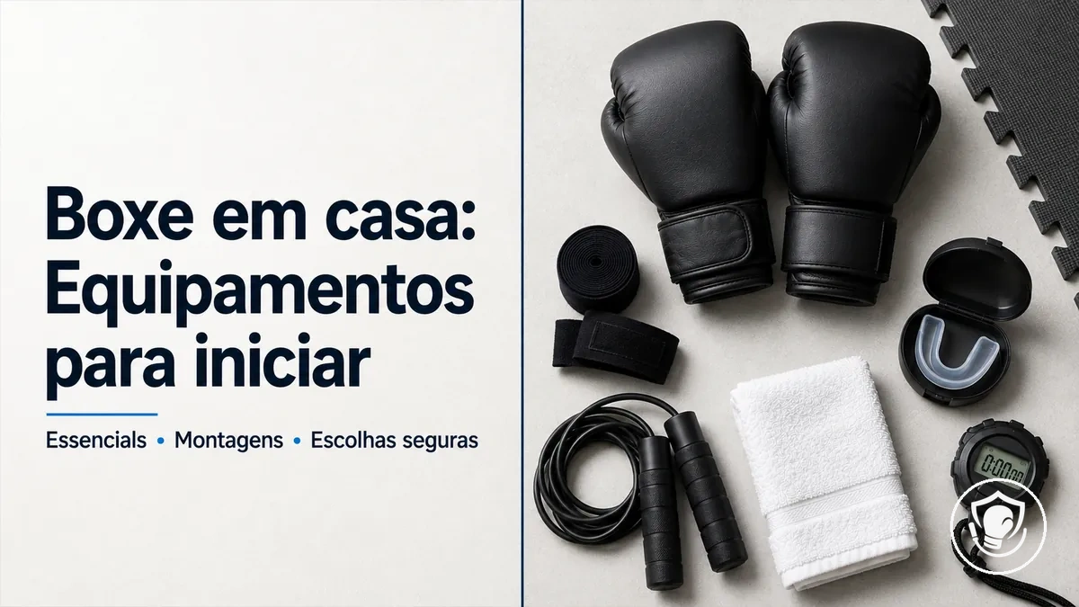 Essenciais de equipamentos de boxe em casa para iniciantes, organizados para uma montagem segura