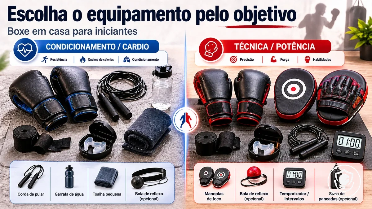 Escolhas de equipamentos de boxe em casa para iniciantes, organizadas por objetivos e necessidade de montagem