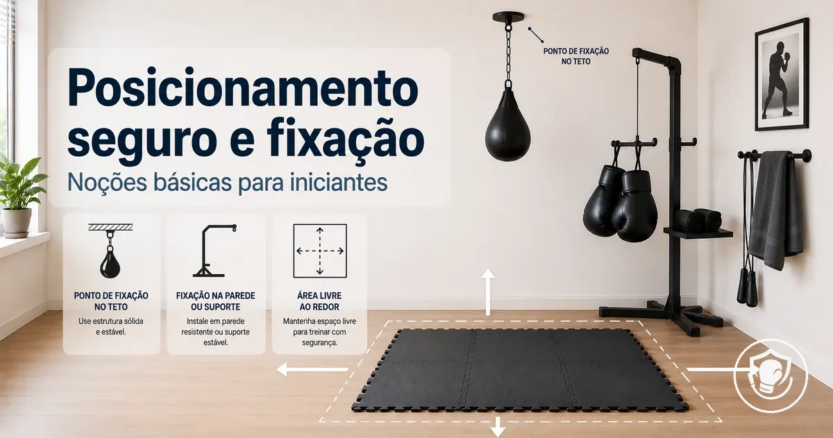 Exemplo de posicionamento e fixação seguros para equipamentos de boxe em casa