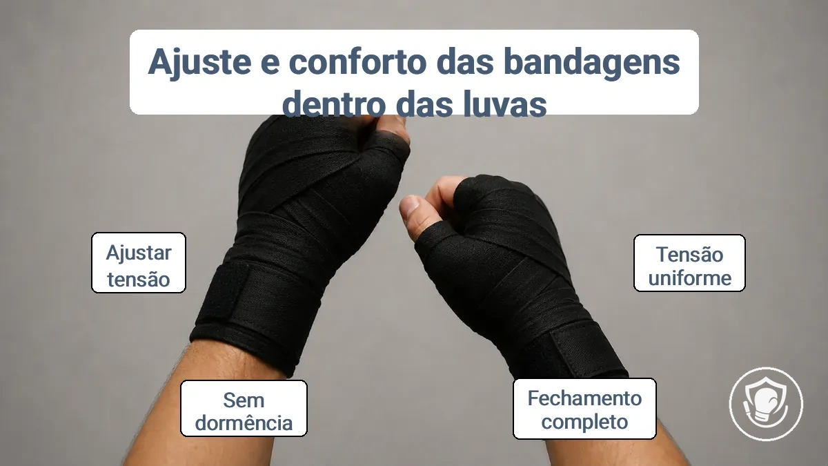 Mãos devidamente enfaixadas mostrando tensão uniforme antes de colocar as luvas de boxe