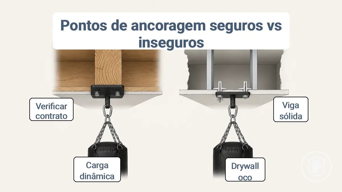 Diagrama comparando pontos de ancoragem seguros em viga e montante versus zonas inseguras de drywall para fixação de saco de pancada