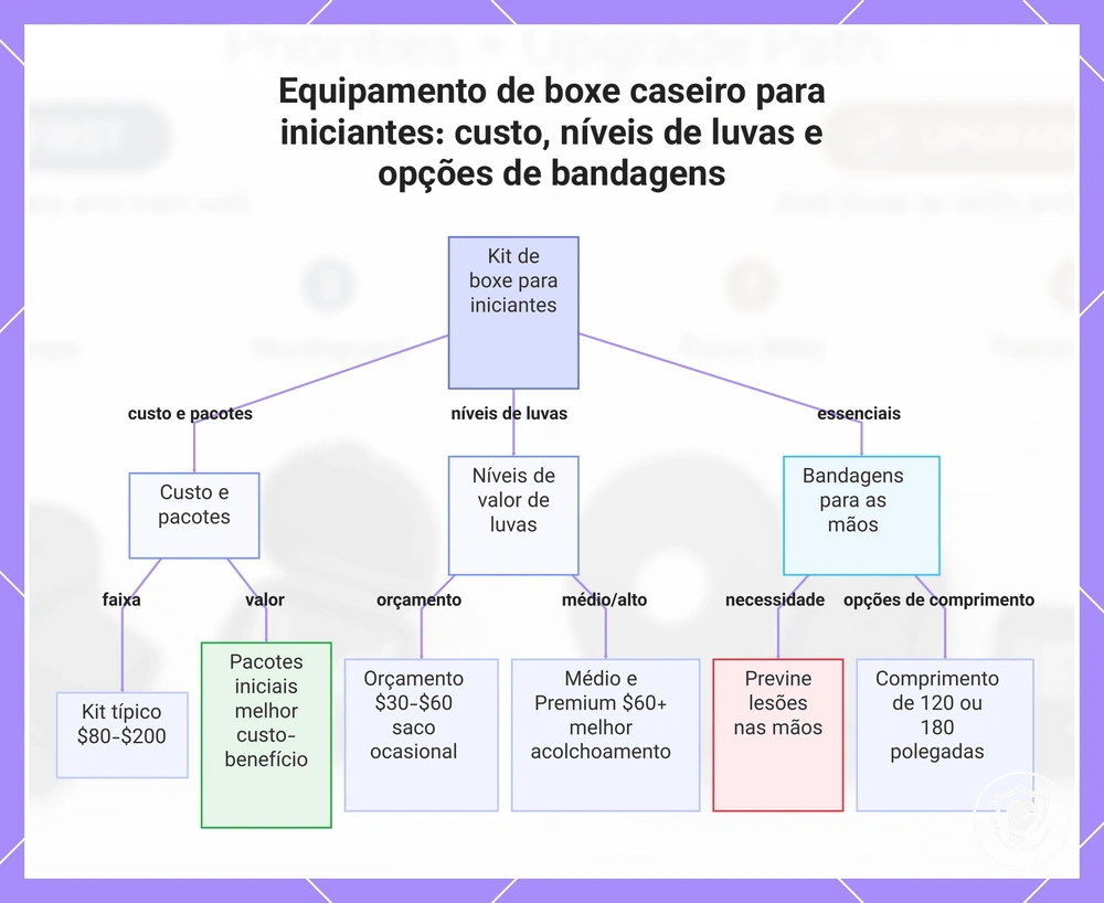Equipamento de boxe caseiro para iniciantes: custo, níveis de luvas e opções de bandagens