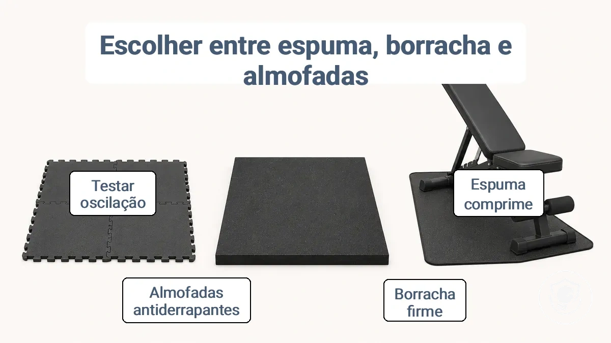 Comparação entre placas de espuma, piso de borracha e almofadas antiderrapantes para proteção do piso de equipamentos