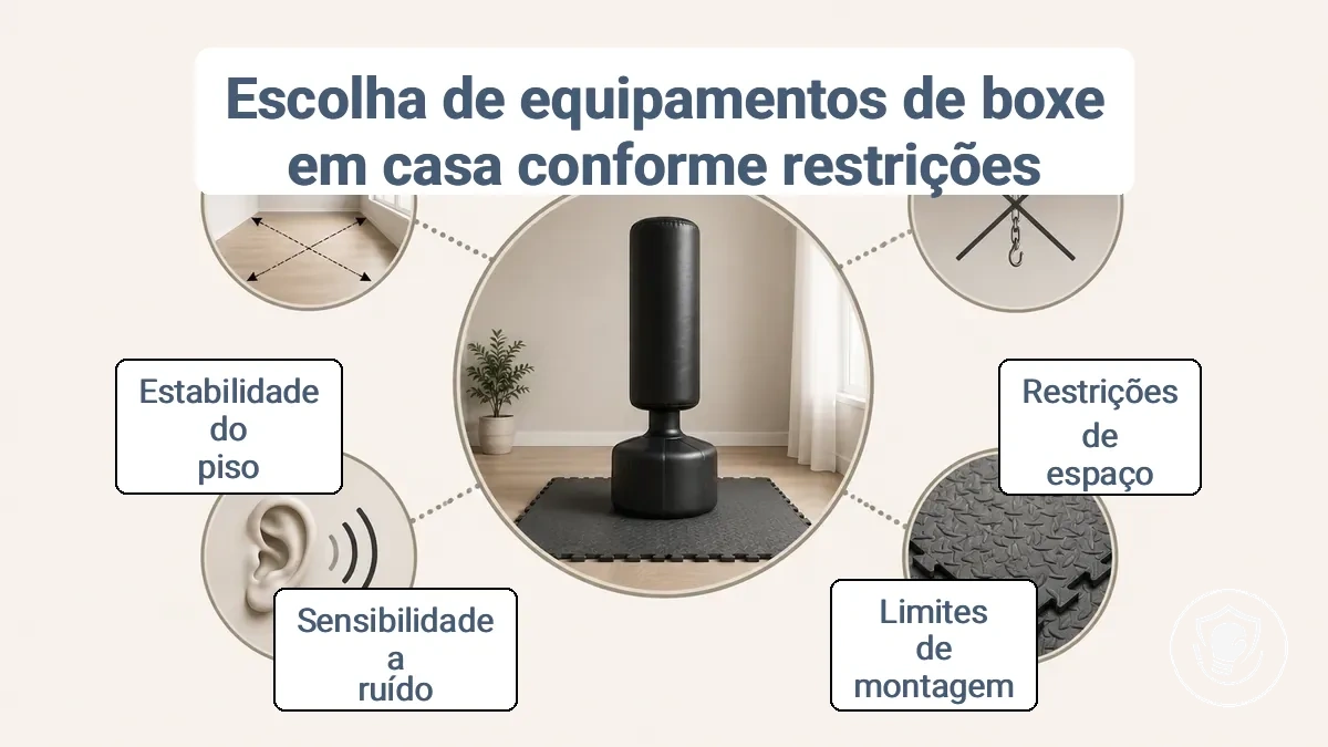 Escolhas de equipamento de boxe em casa afetadas por espaço, limites de montagem, ruído e estabilidade do piso