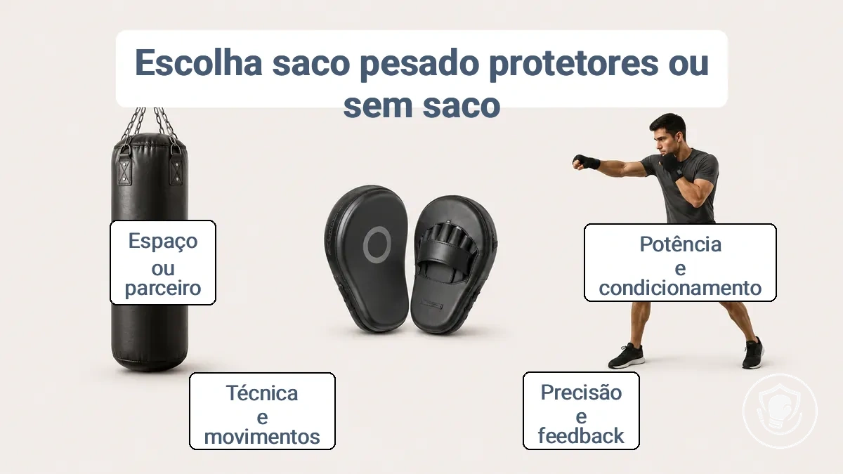 Saco pesado, manoplas e treino sem saco lado a lado