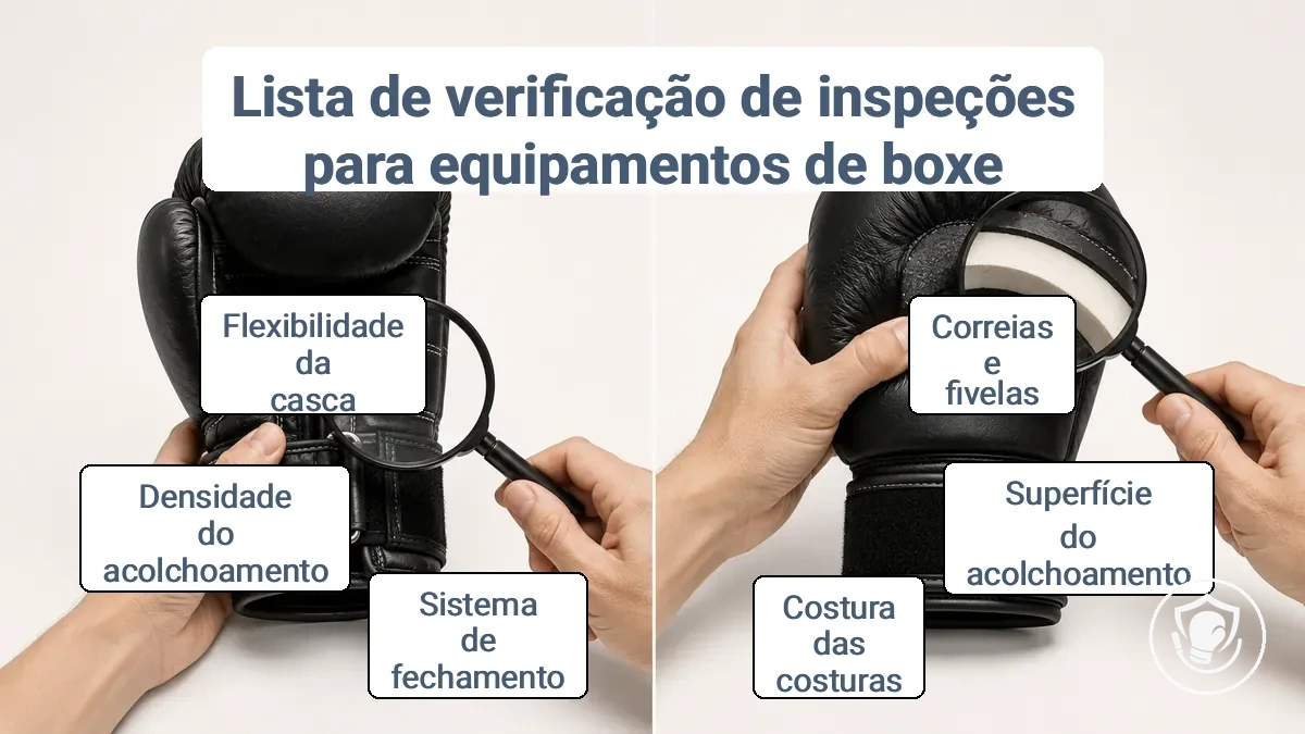Comparação de verificações rápidas pré-sessão e verificações periódicas mais aprofundadas em fechos, costuras, enchimento e pontos de fixação de equipamentos de boxe