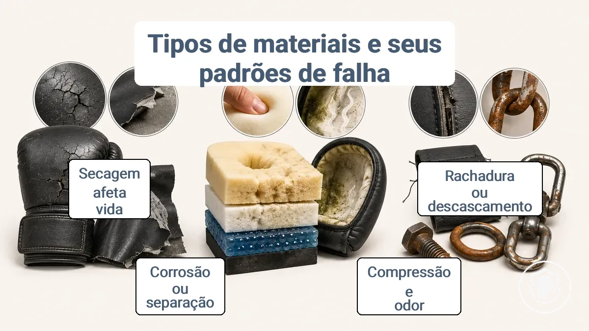 Comparação de famílias de materiais em equipamentos de boxe para iniciantes: superfície externa, acolchoamento interno e hardware com padrões típicos de falha