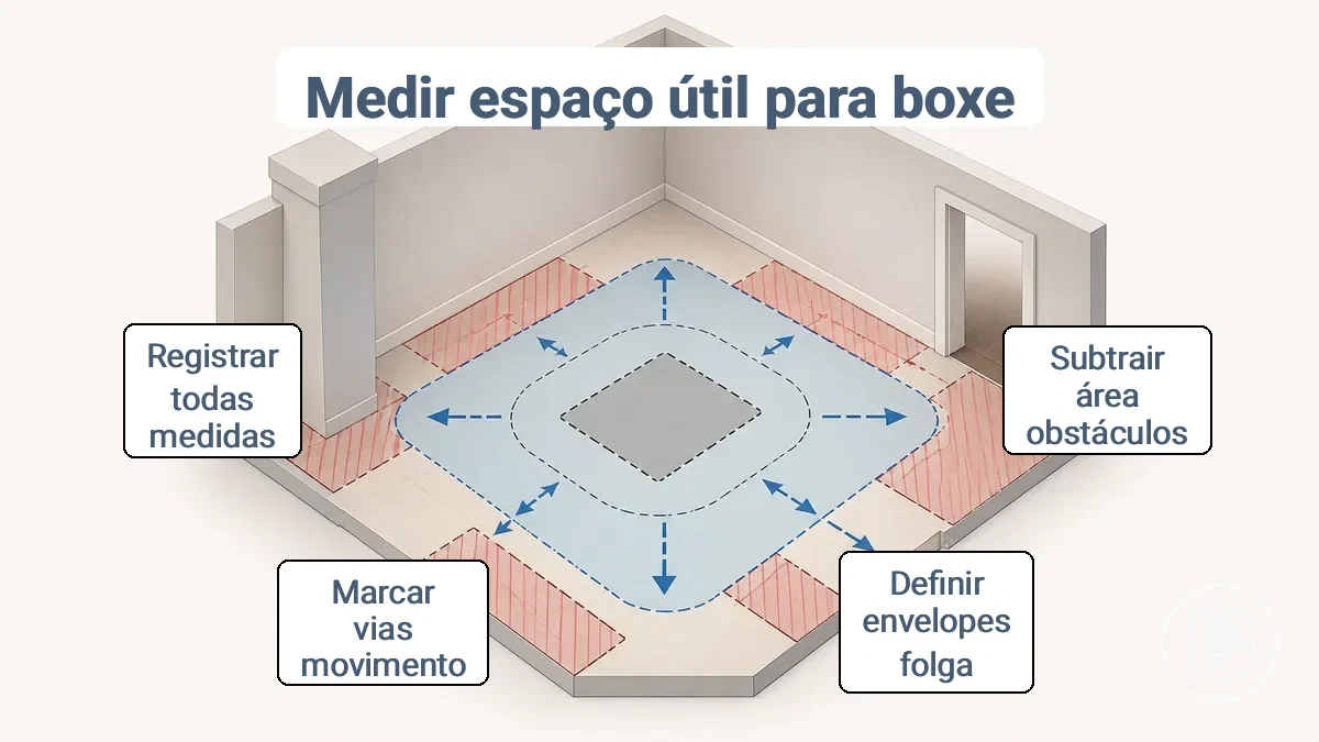 Diagrama de área útil, envelope de folga e corredores de movimentação para uma montagem de boxe em casa em espaço pequeno