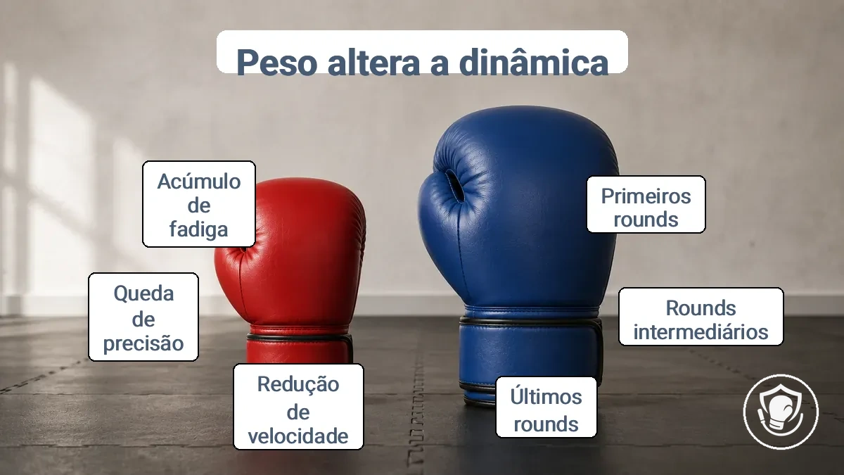 Luvas de boxe de diferentes pesos em um piso de academia, ilustrando como o peso extra afeta a velocidade e a fadiga ao longo dos rounds