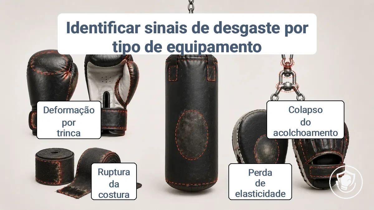 Tipos de equipamentos de boxe com locais de desgaste rotulados em luvas, bandagens, saco de pancada, hardware de suspensão e manoplas