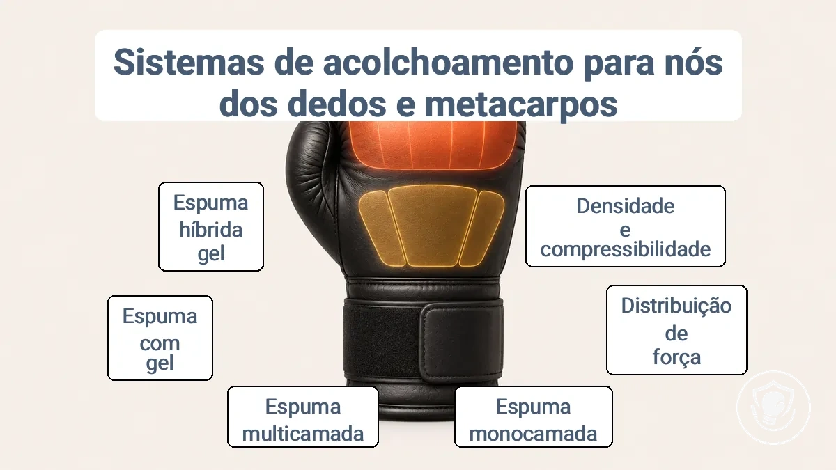 Diagrama das zonas de acolchoamento de luvas de boxe mostrando a área dos nós dos dedos, o acolchoamento do dorso da mão e a dispersão do impacto.